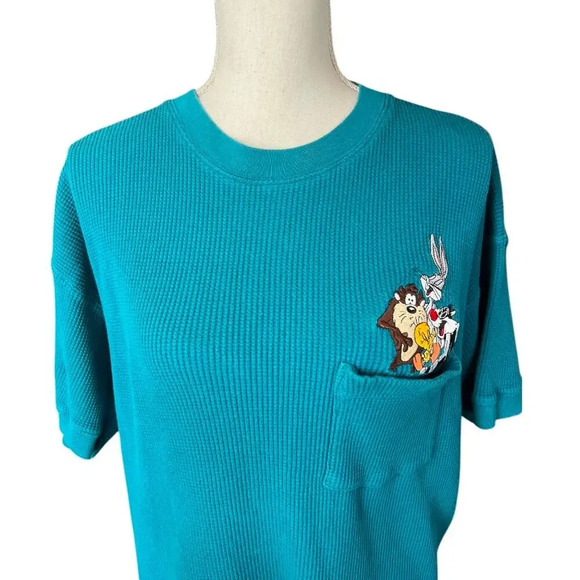 Vintage 90s looney tunes T-shirt teal waffle knit nostalgic cartoon casual - Picture 2 of 8